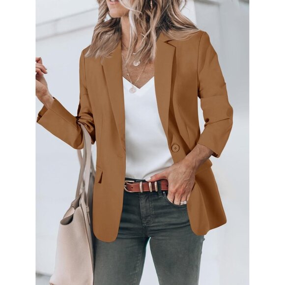 Women’s Brown Cicy Bell Casual Blazer Open Front Long Sleeve Office Suit - Picture 2 of 5